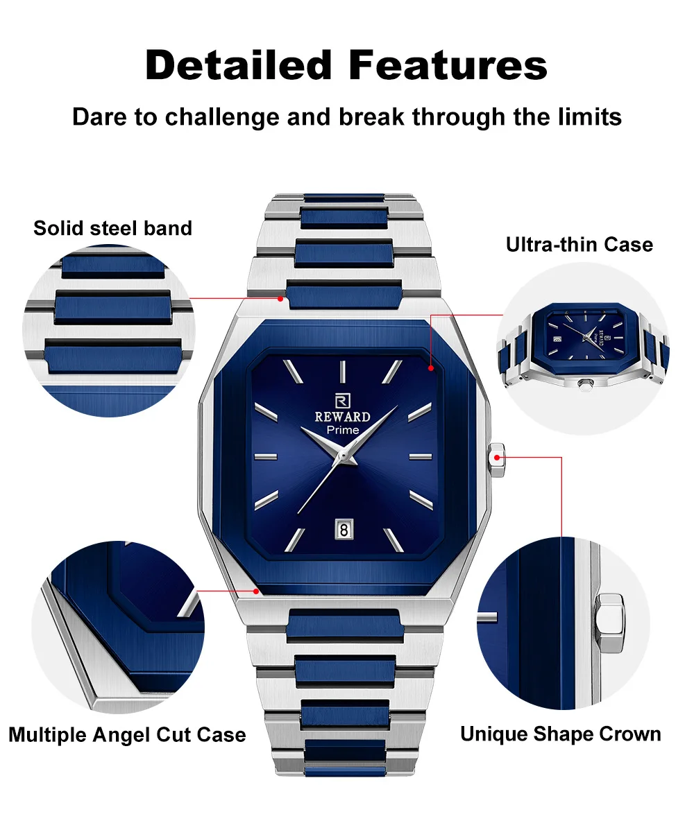 REWARD New Product Men Quartz Watch Three Hands Classic Ultra Thin Case Stainless Steel Bezel Waterproof Square Charm Limited