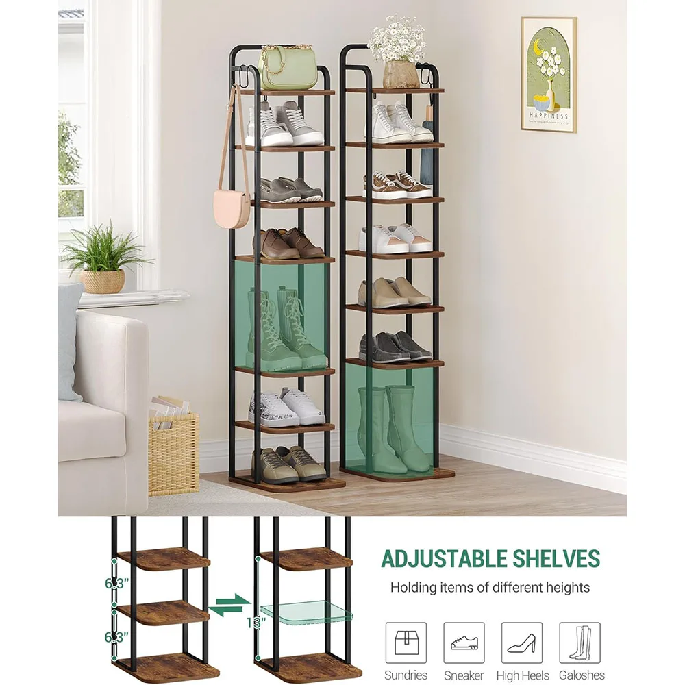 8-Tier Vertical Shoe Rack Wooden Narrow Shoe Tower with 2 Hooks for Entryway and Living Room Organizer for Tall Shoes supplier