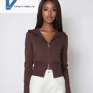 China V-times 2026 Women's Korean Style Gray Cardigan Slim Fit Double Zipper Knitted Turn-Down Collar Casual Top for Autumn