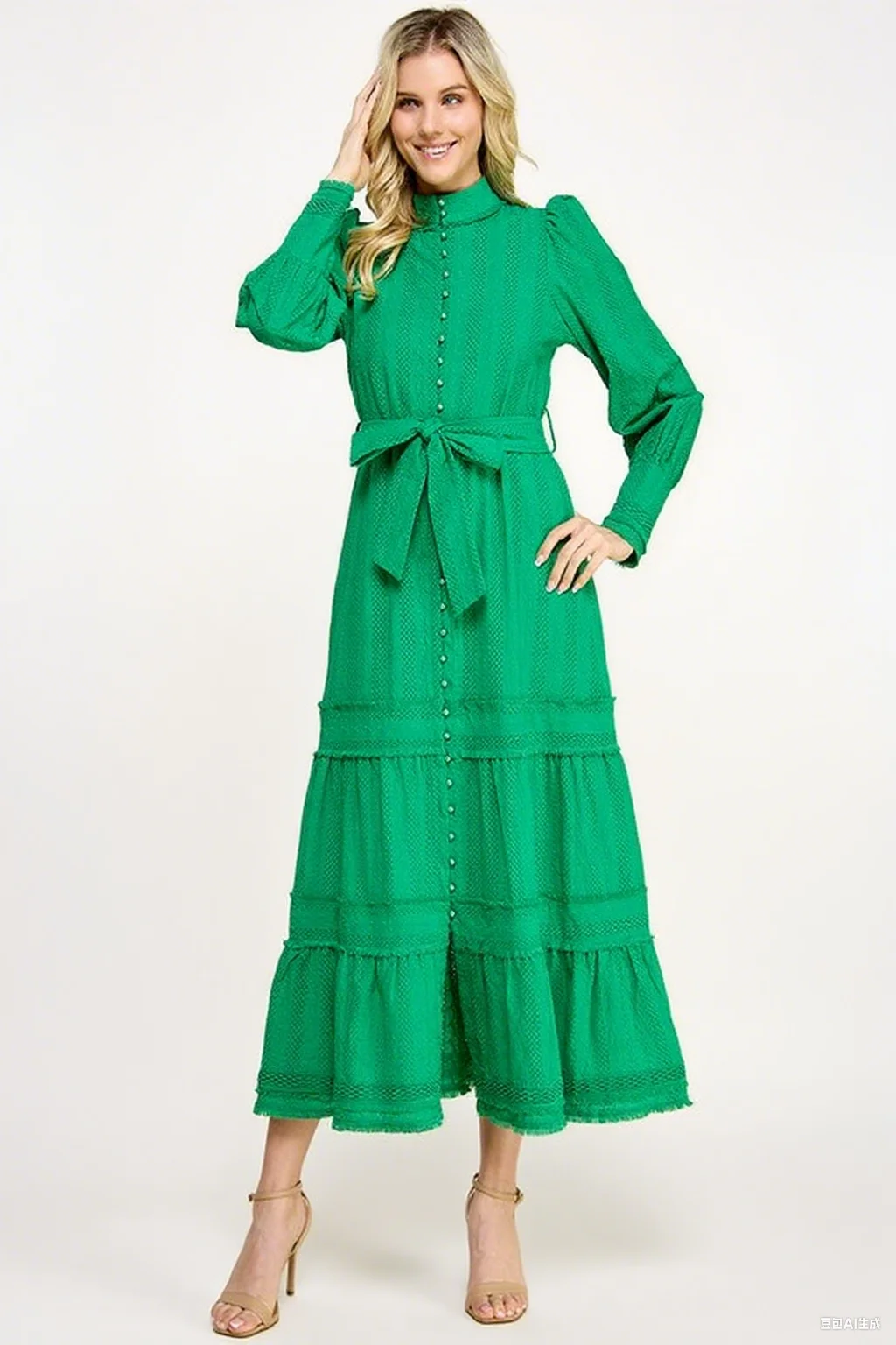 Chic Graceful Long Sleeve Maxi Dress For Women 100% Cotton Sustainable Elegant High Waist Lace & Button Design Modest Party - Image 3