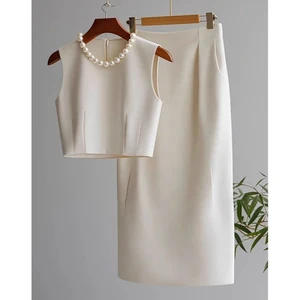 Fashion Solid Color O-neck Sleeveless Blouse Crop Top + Elegant Skirt Summer High End Temperament Women's Suit New Two Piece Set