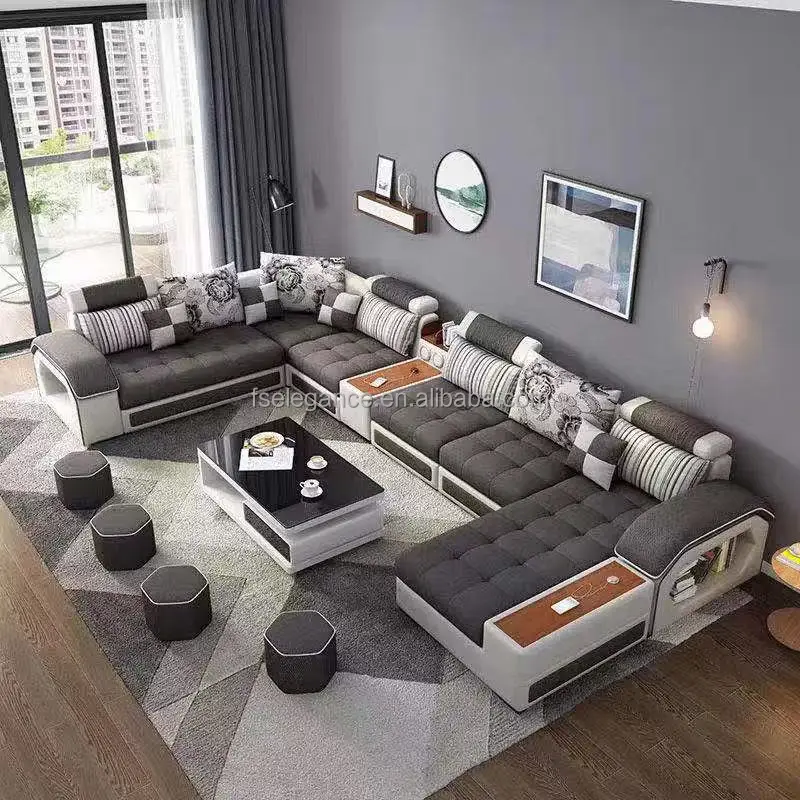Sectional Nordic l Shape or U Shaped Reclining Modern Royal Sofa Set Fabric Sofa Cum Bed Living Room Sofa