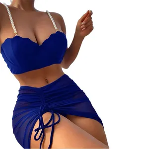 YY6003         2026 Fashion Bubble Fabric Purple Swimwear Women 3 Piece Swimsuit Cover up Sexy Halter Bikini Set