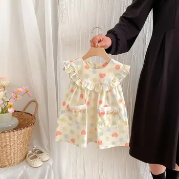 2025 Summer Girls Dress New Korean Style Cotton Children's Clothes Colorful Polka Dot Heart Ruffle Doll Collar Kids Skirts