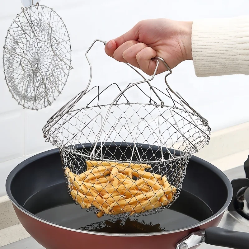 Stainless Steel Foldable Frying Basket French Fries Rinse Oil Strainer Food Washing Mesh Drainer for Kitchen Storage Organizer
