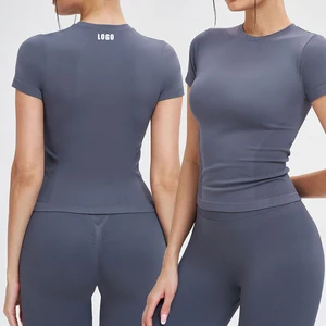 New Custom Short Sleeve Crew Neck Breathable Quick Dry  Blue Gray T Shirt  Workout Gym Sports Fitness Yoga Top