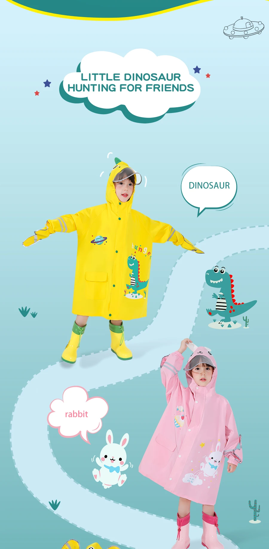 Back to school waterproof raincoat cartoon print raincoats with schoolbag children's rain coat for kids students details