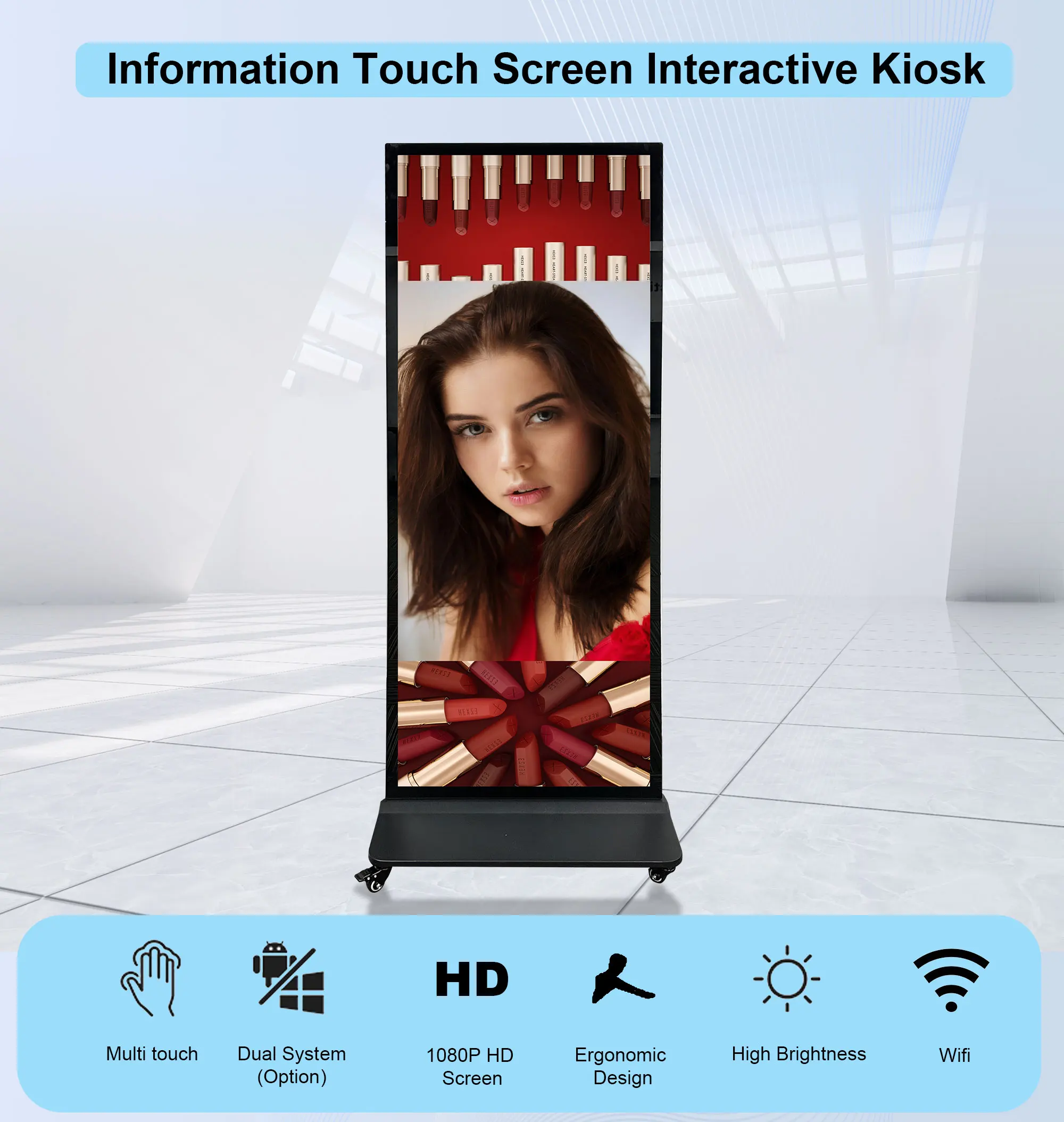 75 Inch Smart Kiosk Digital Signage Totem Floor Standing Touch Screen Kiosk Monitor 4K Indoor Advertising Player
