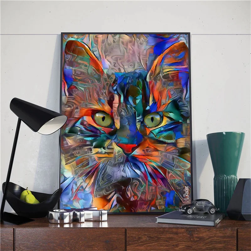 Poster Quadro Su Tela 80x80 Cm - Gatto Colorato In Stile Kandinsky Astratto - Stampa Murale Senza Cornice Per Cameretta E Soggiorno - 4