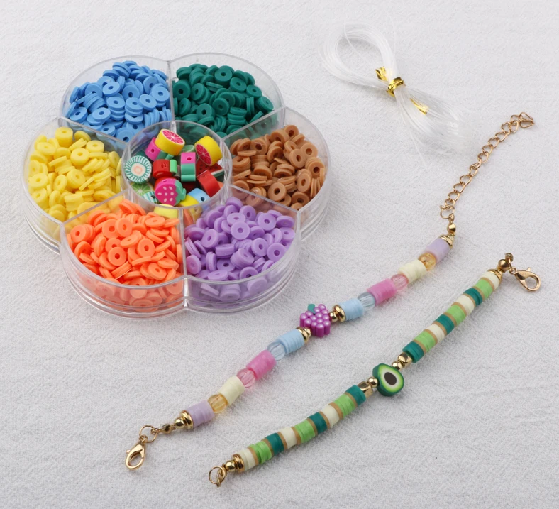 6 Colors 1200pcs Heishi ABS Pearl Disc Flat Beads Kit Fruit Polymer Clay Beads for DIY Bracelet Jewelry Making