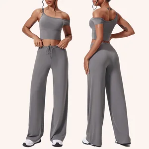 2 Piece Set Stylish Flare Drawstring Ladies Workout Pilates Clothes One-shoulder Active Wear Top Fitness Workout Clothing Sets