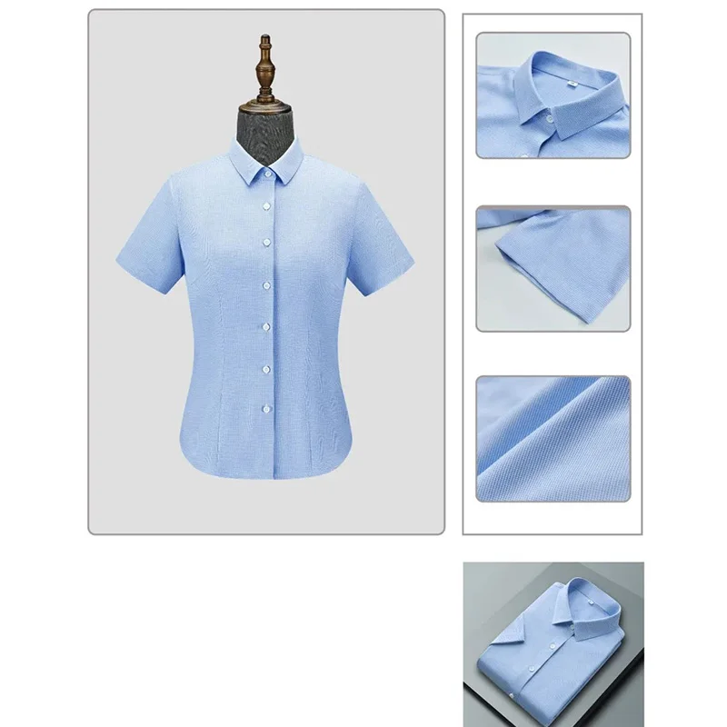 Hot Selling Summer Woman Working Office V Neck Blue Formal Blouse Solid Anti-Wrinkle Polyester Silk Workwear Uniform Shirts details