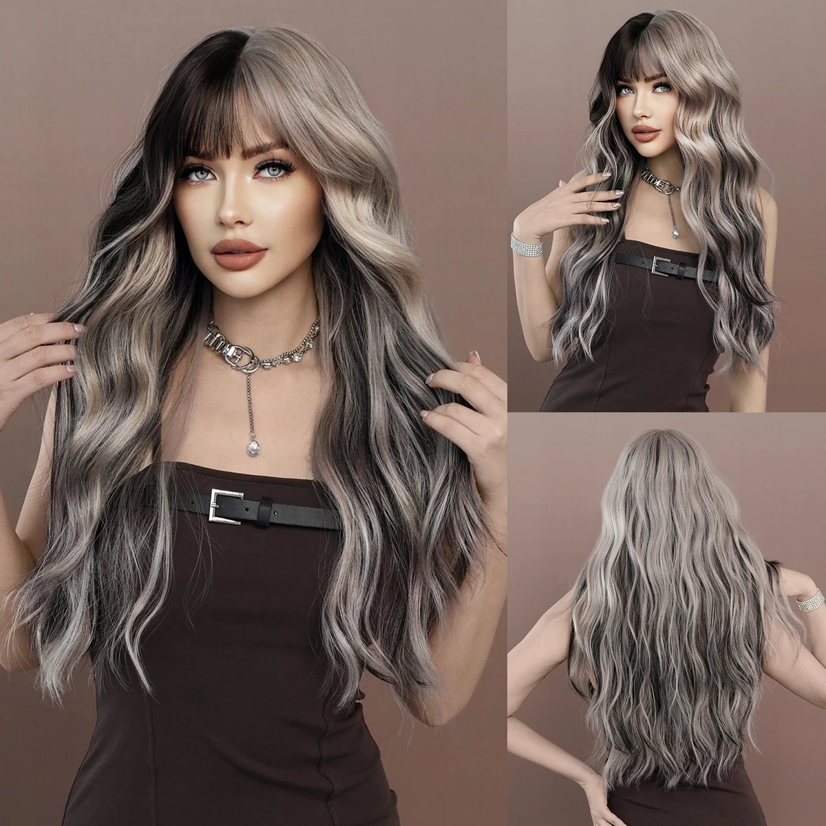 Long Wavy Silver Gray Wig with Bangs - 28in Curly Cruella 