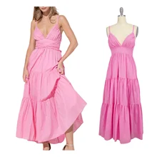Summer Casual Women 100% Cotton Braided Shoulder Strap Bow Tiered Maxi Dress for Ladies Elegant Dress