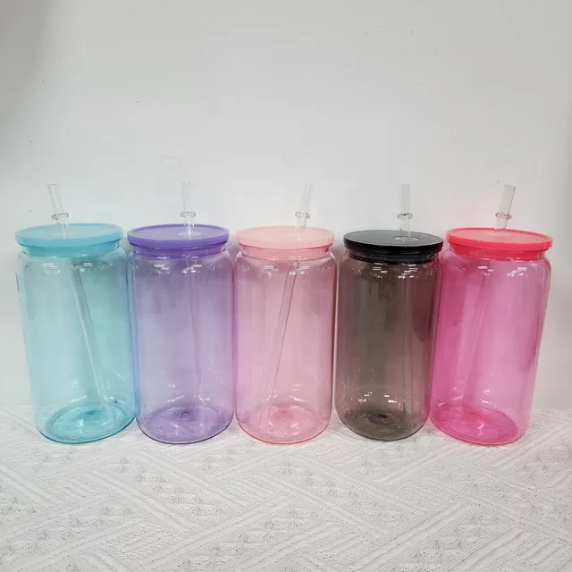 16oz Clear Pink Insulated transparent Plastic Acrylic blanks tumblers in bulk  with Lid and Straw Dupes Colored Bottles for Beer