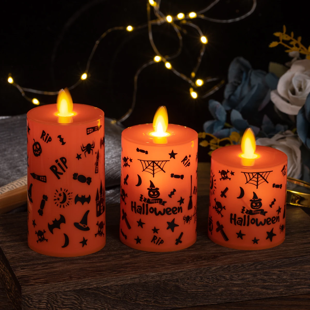 Halloween flat mouth candle flameless LED candle Halloween print warm light holiday decoration lamp party home decoration