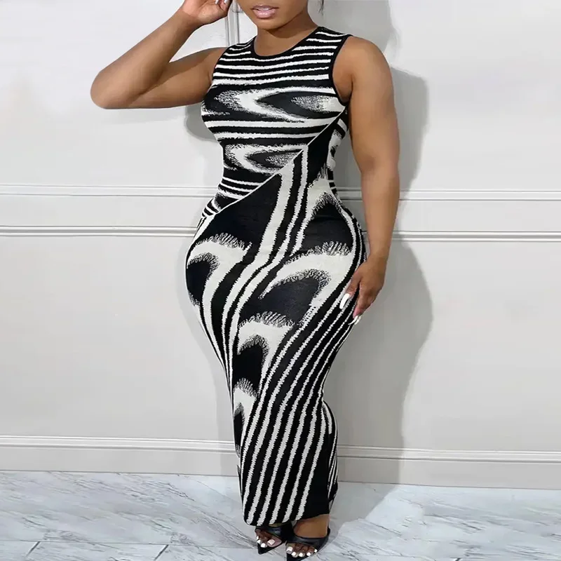 Summer Women Clothes Elegant Plus Size Women's Irregular Striped Sleeveless  Round Neck Fitted Dre