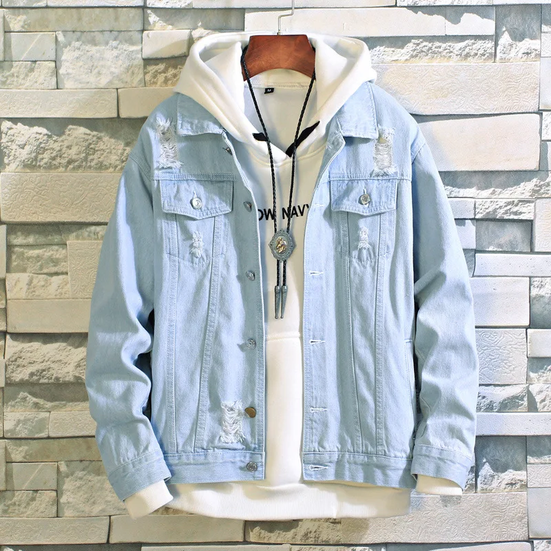 Men Jeans Jacket Hip Hop Man Vintage Denim Long sleeved ripped hole washed lapel denim jacket