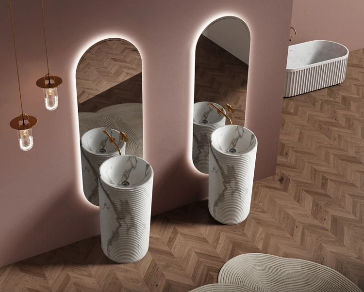 Designer's Favorite Marble Pattern Bathroom Basin Sink Volaks Free Standing Round Wash Basin Artificial Stone Hotel Vessel Sink
