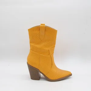 BUSY GIRL HQ1107 Custom Wholesale Women's Yellow Snake Print Cowboy Boots Pointed Toe Chunky Heel Western Ankle Boots Shoes