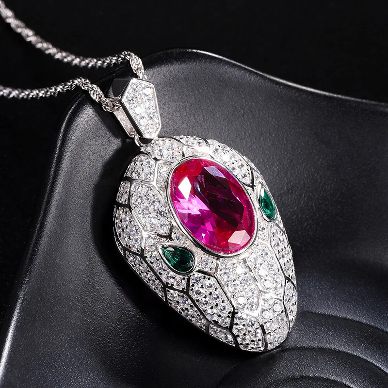 Wholesale Jewelry S925 Full Body Silver Rose Red Zirconium Creative Snake  Head Pendant Necklace Main Stone 10*14