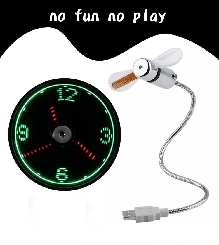Direct Selling 360 Degree Flexible USB Time Fan Laptop Luminous Snake Clock Fan USB Clock Mini Flash Fan with LED