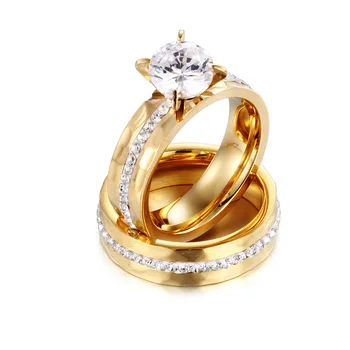 Fashion 18K Gold Plated Stainless Steel Diamond Engagement Ring cubic zirconia jewelry set Lover's Couple Wedding Rings
