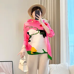 2026 Summer New Fashion Color Matching Printed Seven-Sleeve T-Shirt Casual Pink All-Match Loose Pleated Top for Women