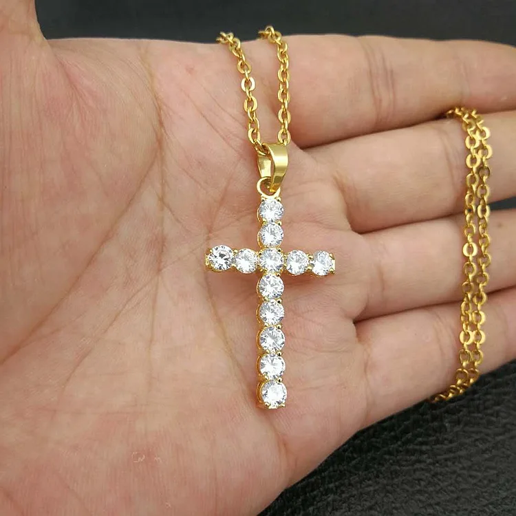 卸売金メッキステンレス鋼ペンダントczクリスタルダイヤモンドクロスネックレスメンズアイスアウトクロスペンダント - Buy Wholesale  Stainless Steel Jewelry Gold Crystal Cross Pendant Necklace,Round Diamond 