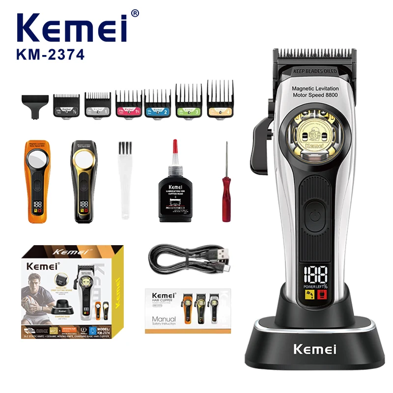 KEMEI Km-2374, tondeuse haut de gamme pour cheveux, lame réglable DLC, moteur à sustentation magnétique (Maglev) 8800 tr/min, batterie 3000 mAh, charge USB, station de chargement, tondeuse pour barbier, vente en gros, certifiée CE