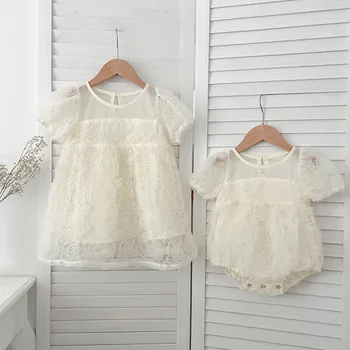 Summer Baby Princess romper baby girl rose mesh dress children's cotton dress sisters outfit