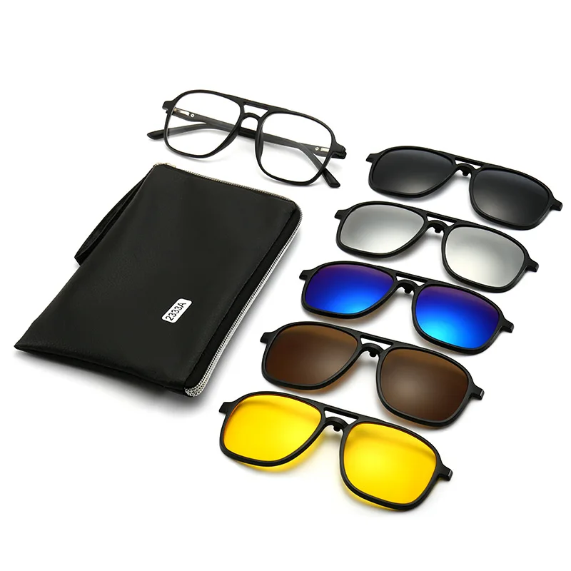 5 in 1 Sunglasses Magnetic Clip on Glasses TR90 Optical Prescription Eyeglass Frames with Clips Polarized Sunglasses Men