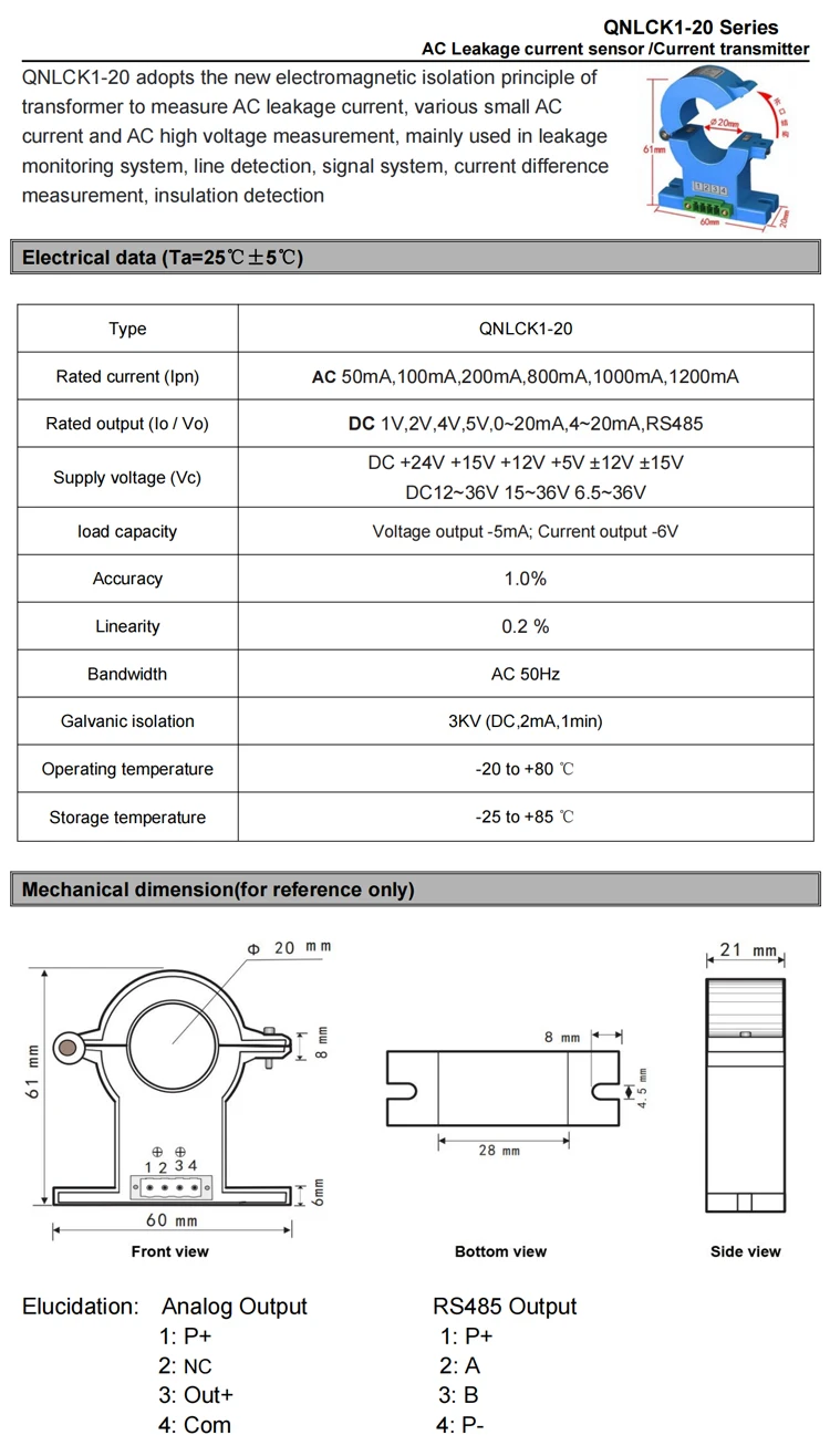 QNLCK1-20 Ac 100mA 200mA 1A Output Dc 4-20mA RS485 Split Core Current Sensor Transducer CT Clamp Leakage Current Transformer