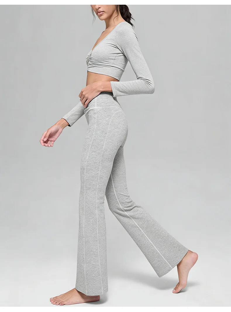 Cationic Active Stretch Yoga Set Ruched V Neck Long Sleeve Crossover Waist Flared Leg Pants — detail