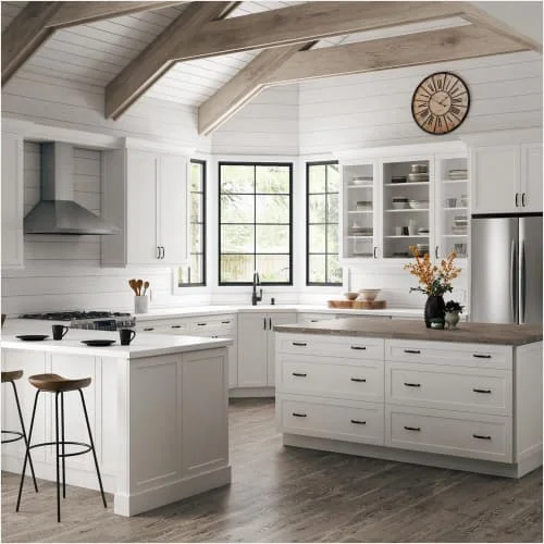 2024 custom prefabricated furniture supplier base modern island designs white solid wood shaker kitchen cabinet