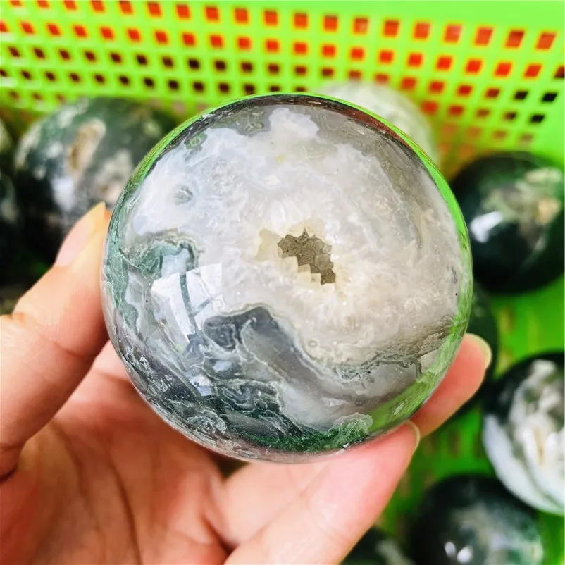 High Quality Natural Green Moss Agate Crystal Sphere With Druzy Geode for Healing