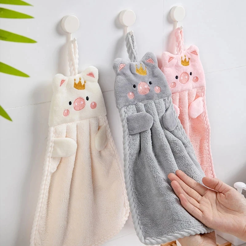 DS986 Kitchen Household Bathroom Cleaning Towel Absorbent Fast Drying Microfiber Dish Cloth Coral Velvet Cute Pig Hand Towels