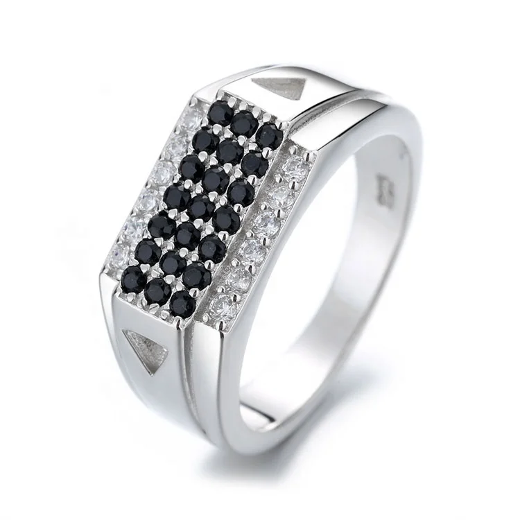 H&J Jewelry Men's 925 Sterling Silver Icy Bling CZ Ring - 8mm Black Plated Band