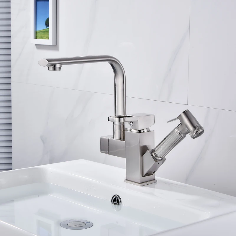 Pull Out Basin Faucet Single Hole with Hand Spray Nickle Water Faucet