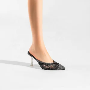 Women's Rhinestone Mesh High Heel Mules with Transparent Heels Elegant Embroidered Pointed Toe Luxury Evening Shoes