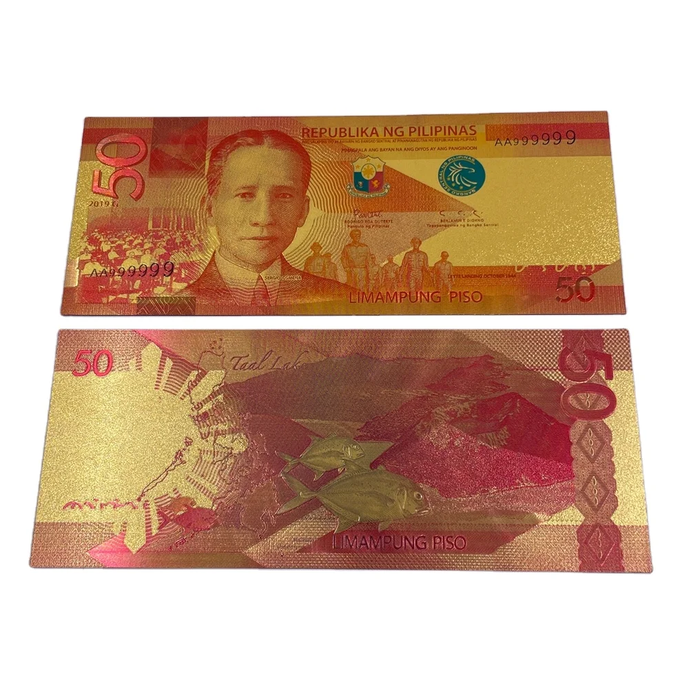 定制免运费 菲律宾货币收藏工艺品 塑料 20 50 100 200 500 24k 镀金纸币