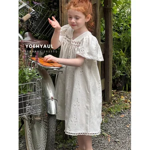 YOEHYAUL 25115 1-8T Hollow Out Embroidered Kids Casual Dresses for Girls Bulk Cotton V-neck Dress for Girls 5 Year and 7 Year