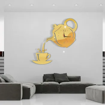 Manufacturer Wholesale Cross-Border E-Commerce Acrylic Three-Dimensional Wall Clock Creative Mirror Teapot Decorative Wall