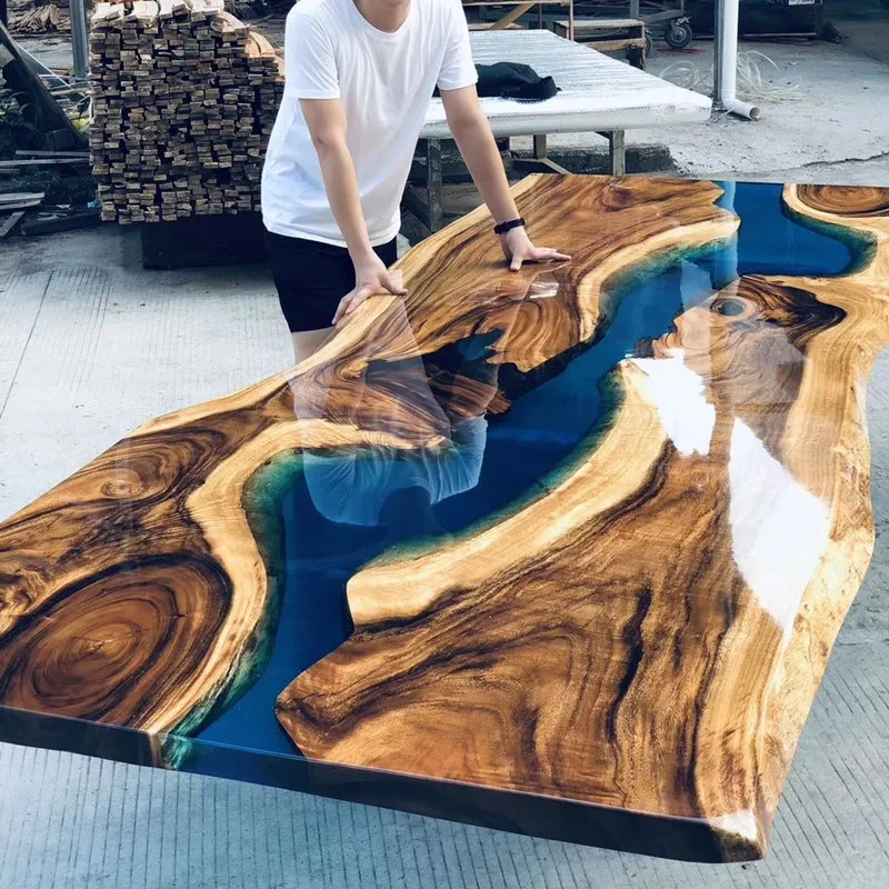 Walnut Wood High End Special Design Dinner Clear Water Blue River Epoxy ...