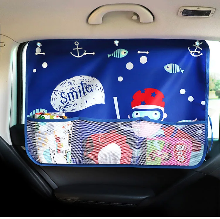 Car Side Window Sunshade Curtain Cartoon Adjustable UV Protection Curtain Sun Visor Blinds Cover With Storage Pocket For Baby