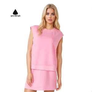 High Quality Plus Size Cotton Terry Breathable 2 Piece Mineral Wash Tank Top Vest Lined Short Skirt Set for Women