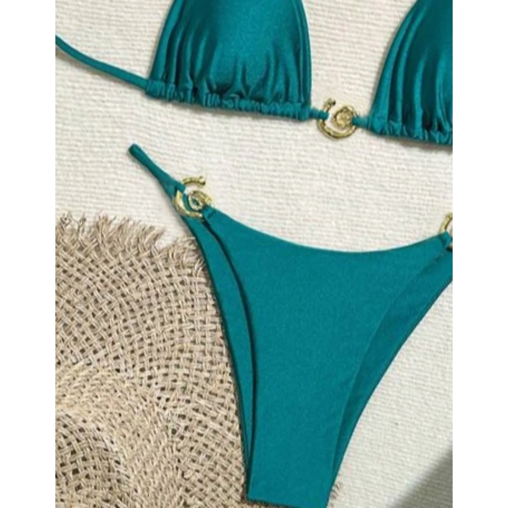 New Metal Ring Fine Flash Senior Sexy Split Bikini Solid Color Swimsuit  Women's 2-piece Set Sehe Fashion