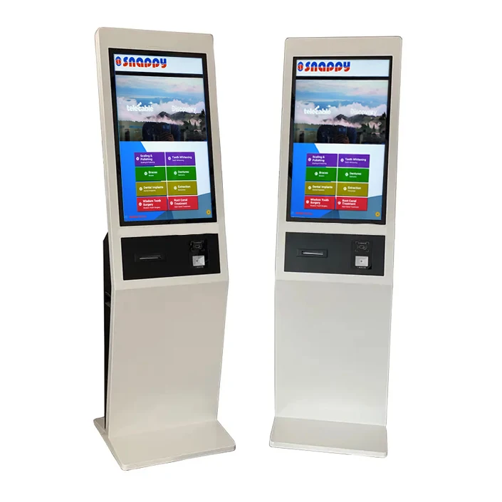 Snappy queue management system Arabic French multi language 21.5 32 inch ticket dispenser floor free stand self service kiosk