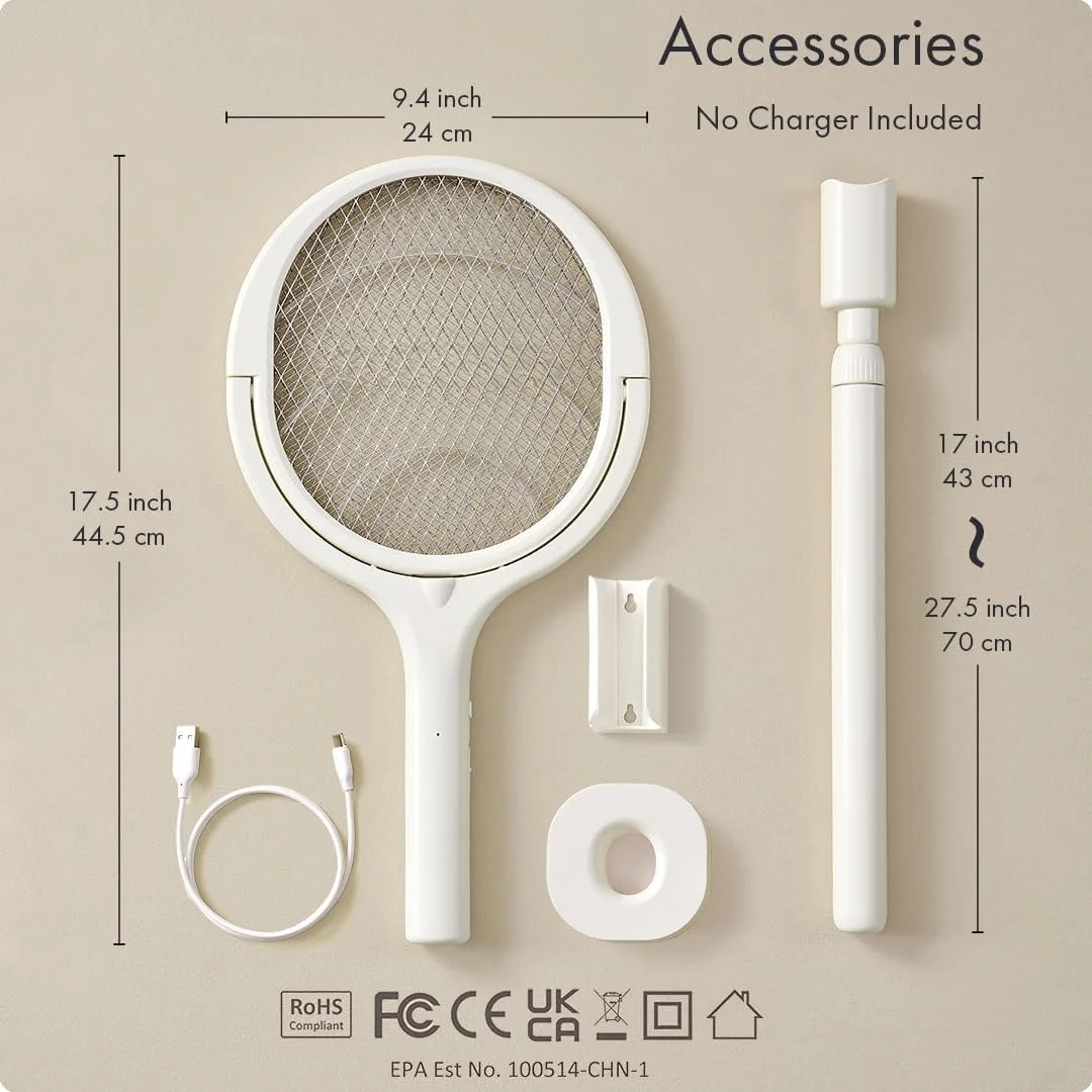 Multi-Function Rotating Head Electric Fly Swatter Racket Rechargeable Bug Zapper Racket with a Telescopic Extension for Indoors