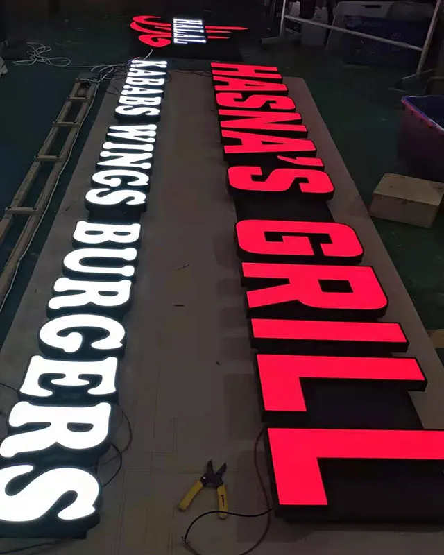 3D LED Gold Brushed Stainless Steel Front-lit Sign, Outdoor Building Commercial Acrylic Light-up Signage.